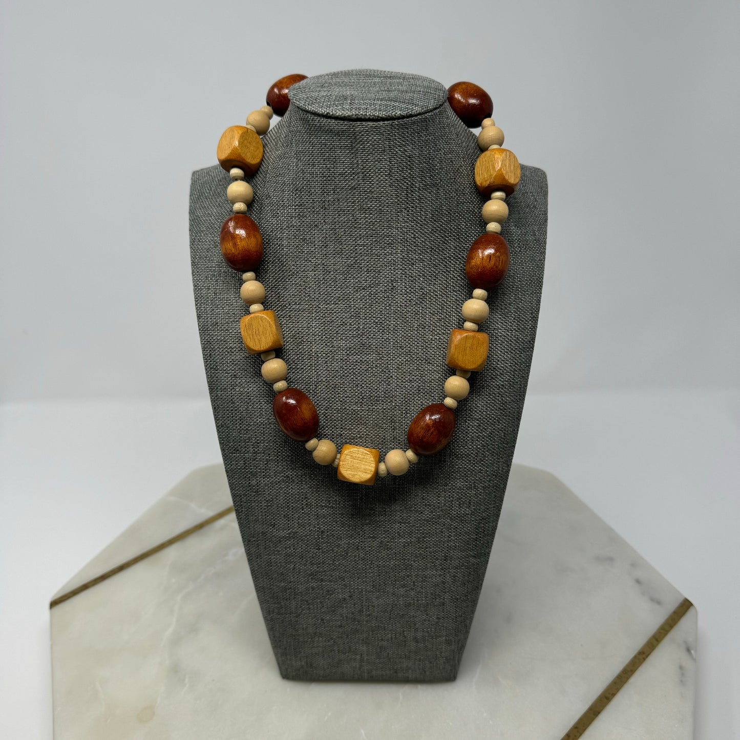 Necklace Boho Beaded Statement Wood Beige 18 inch Fashion Jewelry