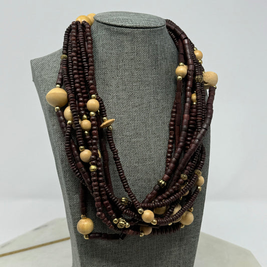Unique Handmade Multi-Strand Necklace Brown & Beige Beaded - Boho Wood Statement Jewelry