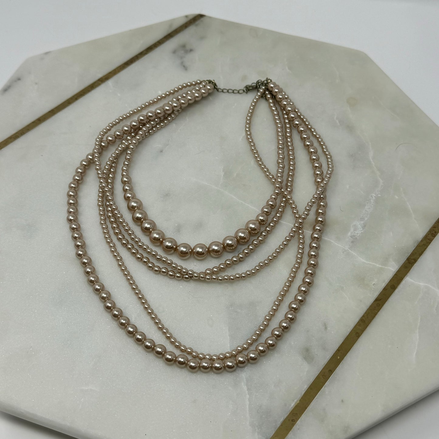 Necklace Statement Beaded Strands Faux Pearl Beige 18 in Costume Jewelry
