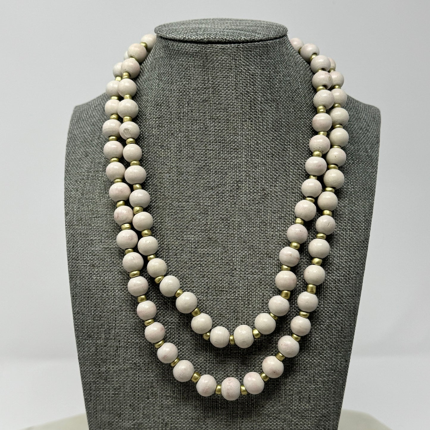 Necklace Boho Southwest Wood Beads White & Gold Tone Spacer 36 in