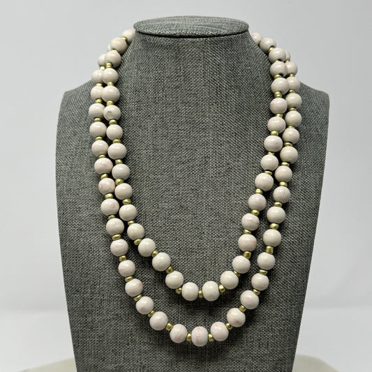 Necklace Boho Southwest Wood Beads White & Gold Tone Spacer 36 in