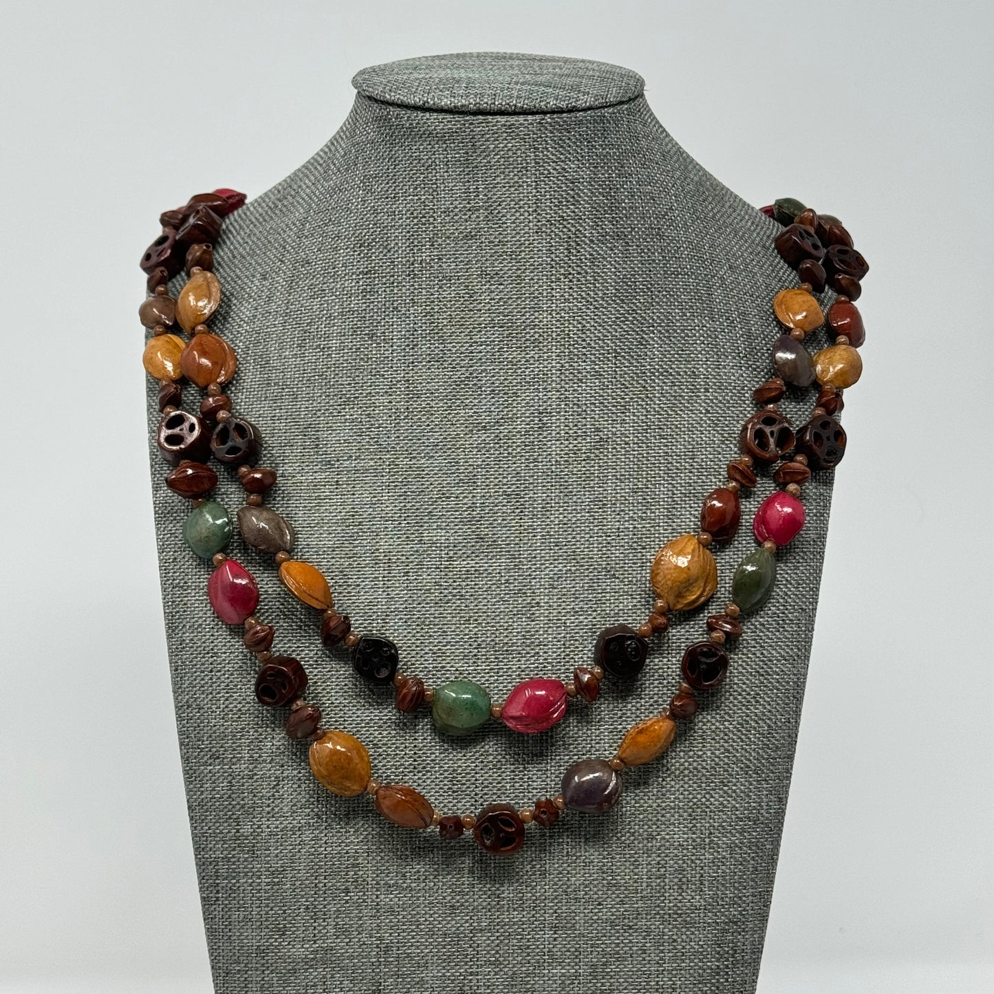 Artisan Hand-carved Bead Necklace - Boho Multi-Colored Statement Jewelry Handmade