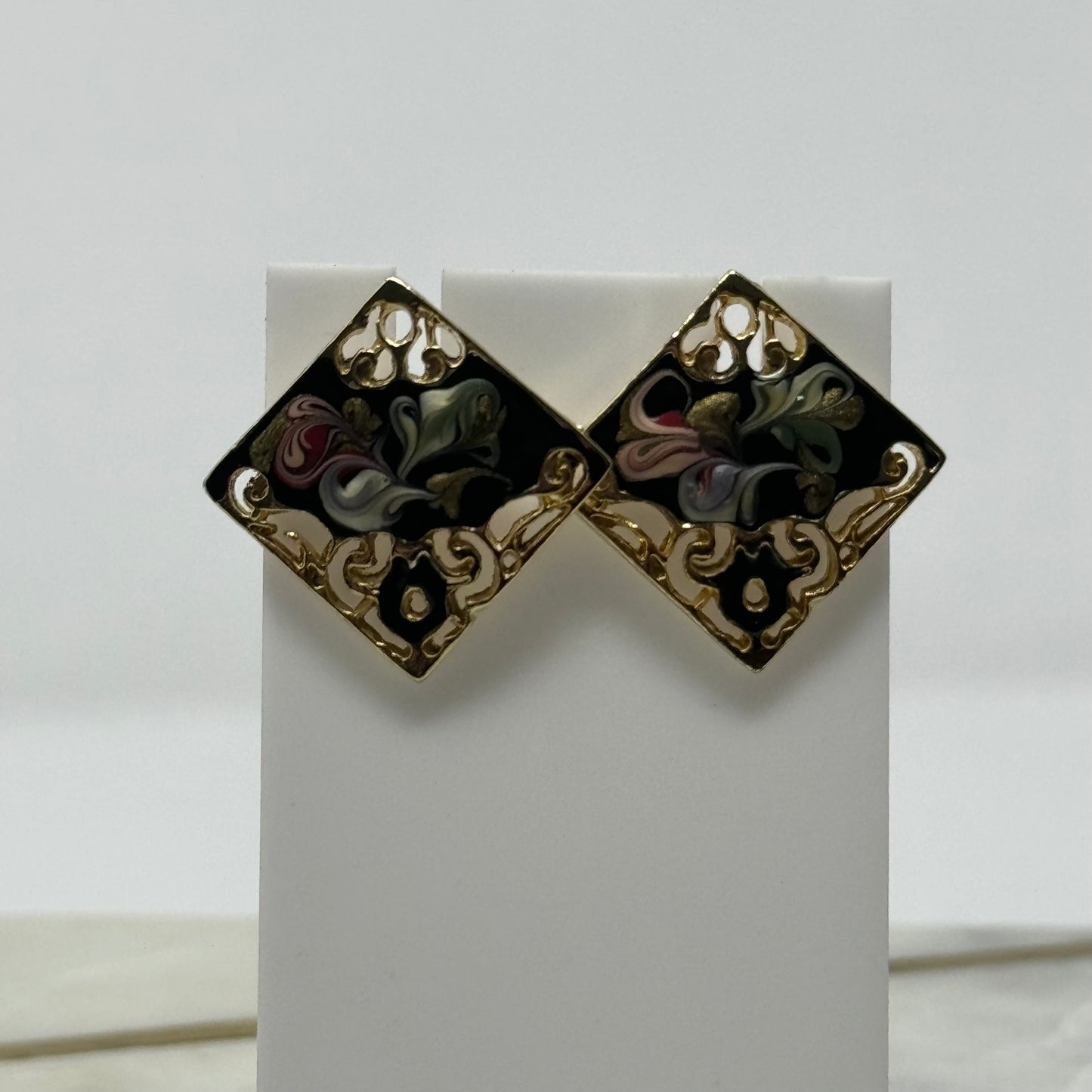 Vintage Intricate Square Enamel Stud Earrings