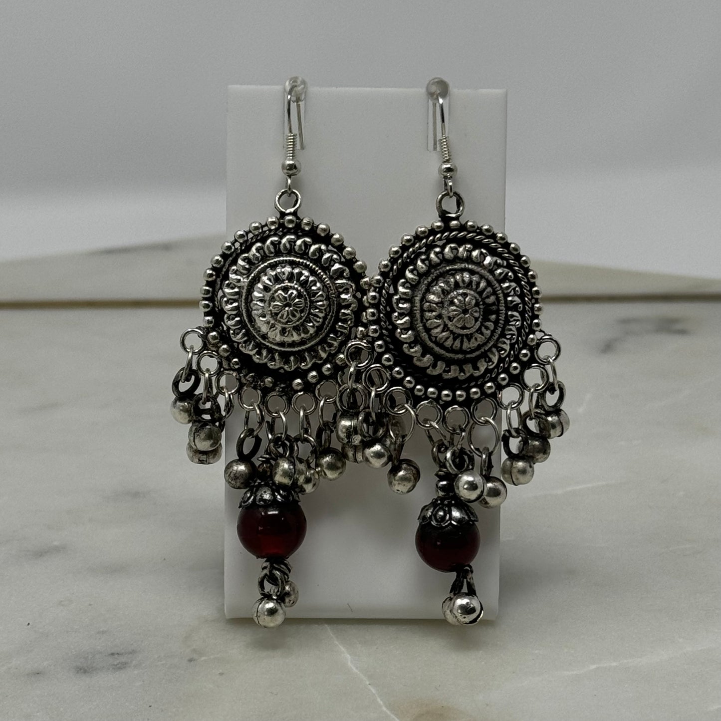 Earrings Boho Southwest Silver Tone Bell Hook Dangles 3 in Drop Chandelier