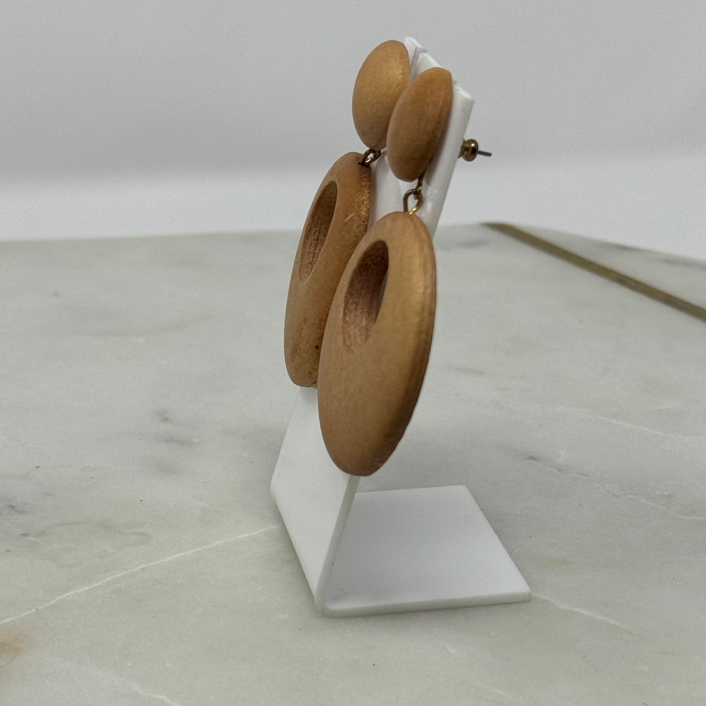 Earrings Boho Wood Dangles Round Stud 2.5 Inch Drop Pierced Ears