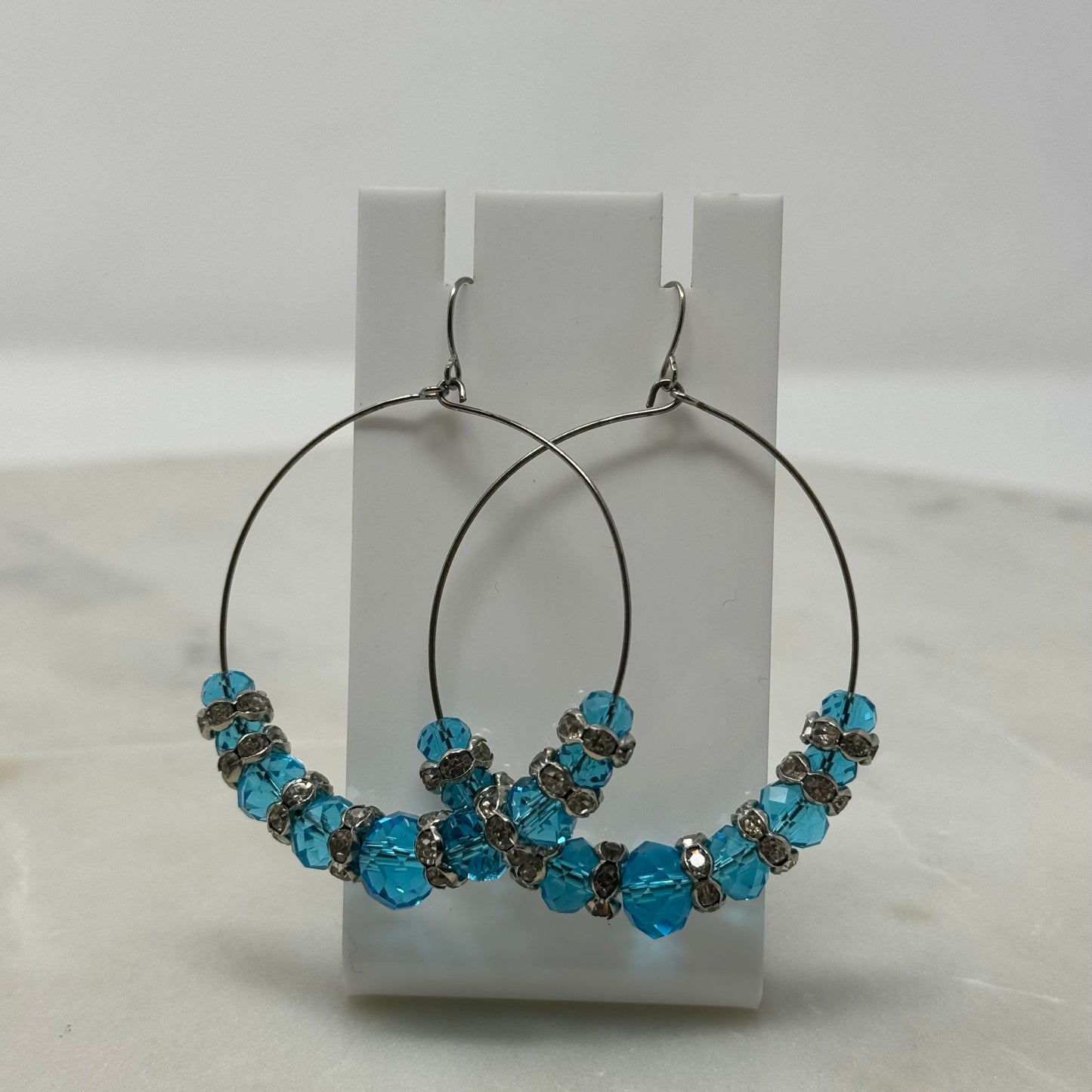 Blue Beaded Sparkle Dangle Hoop Earrings