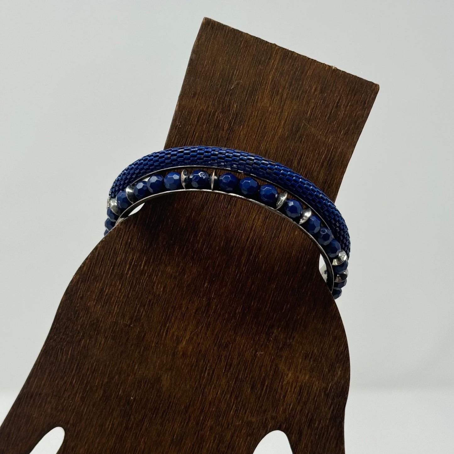 Elegant Blue Beaded Bracelet Set, Bangle Silver Accents, Fashion Jewelry