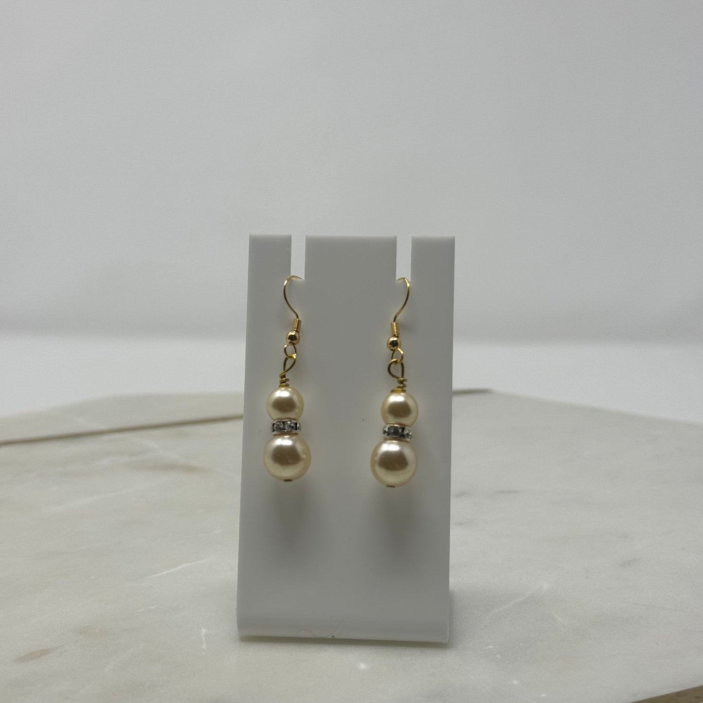 Gold Tone Pearl Rhinestone Accent Dangle Hook Earrings