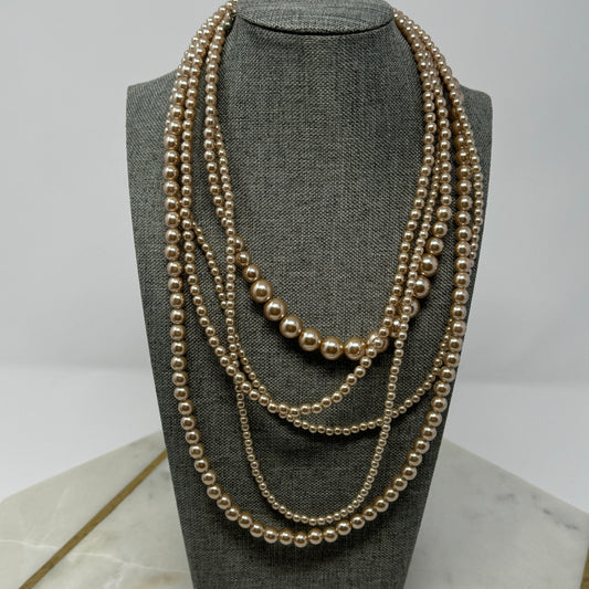 Necklace Statement Beaded Strands Faux Pearl Beige 18 in Costume Jewelry