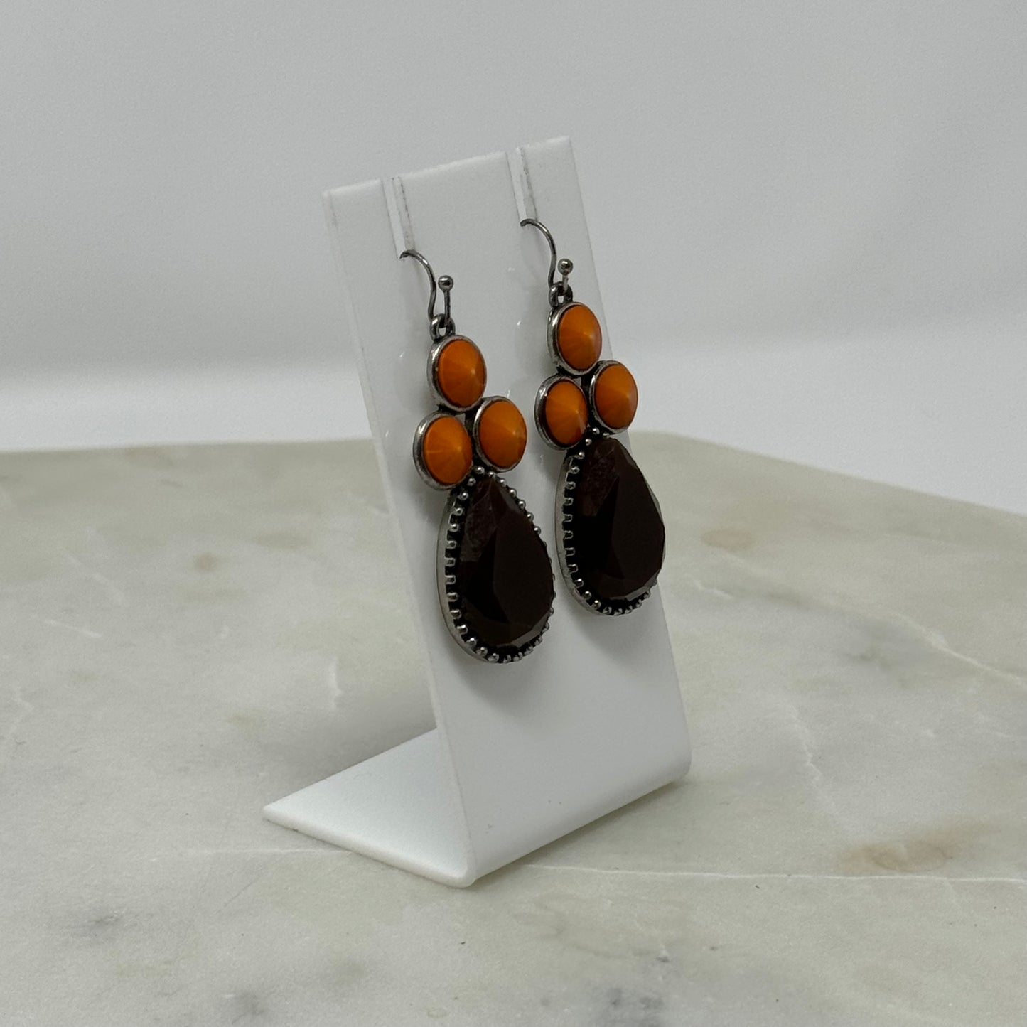 Earrings Boho Southwest Brown Orange Teardrop Hook Dangles Silver Tone 2 Inch