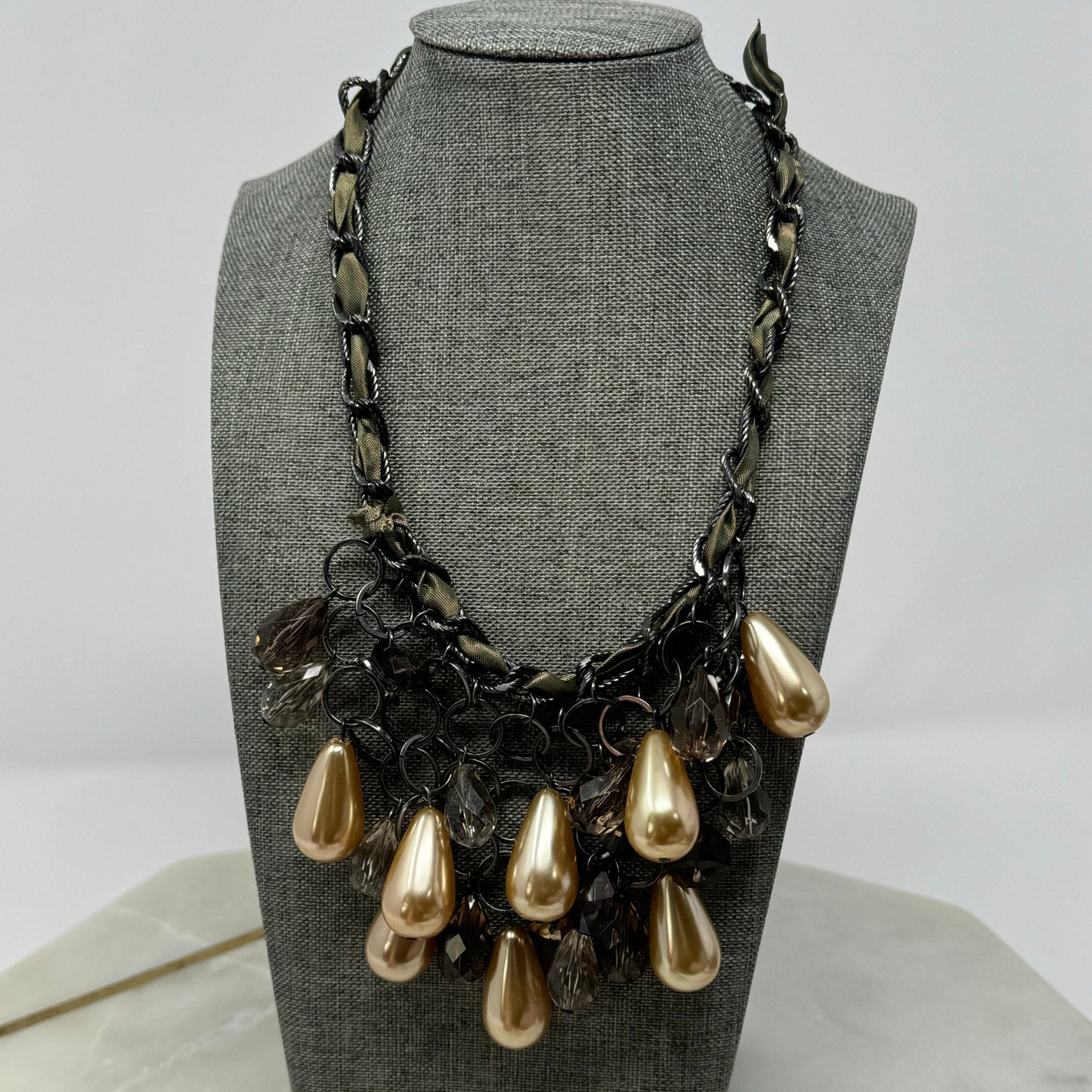 Necklace Boho Layer Statement Beaded Teardrop Faux Pearl Metallic 15”