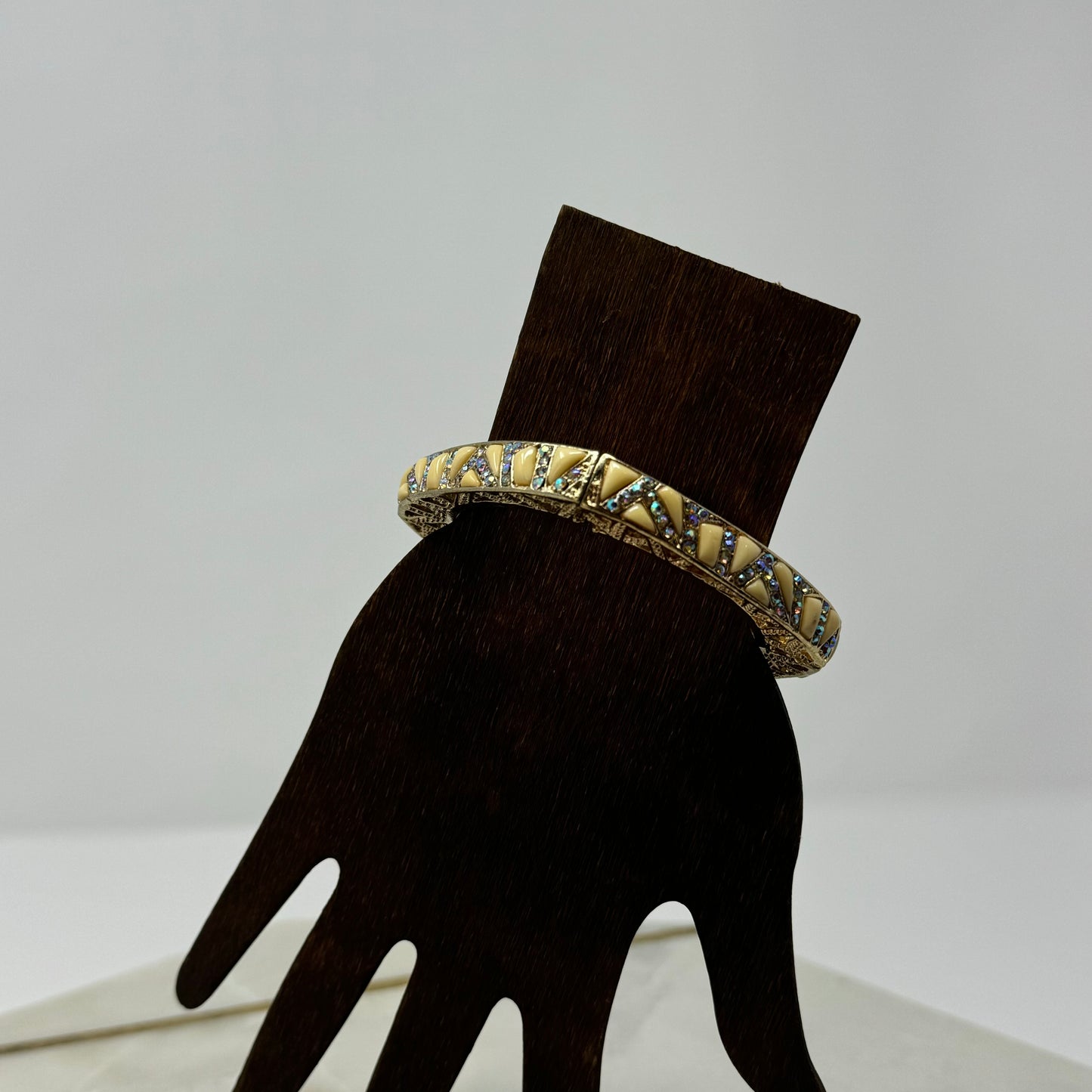 Gold Tone Bangle Bracelet – Enamel Inlay, Rhinestone Accents, Boho Chic, Geometric Design