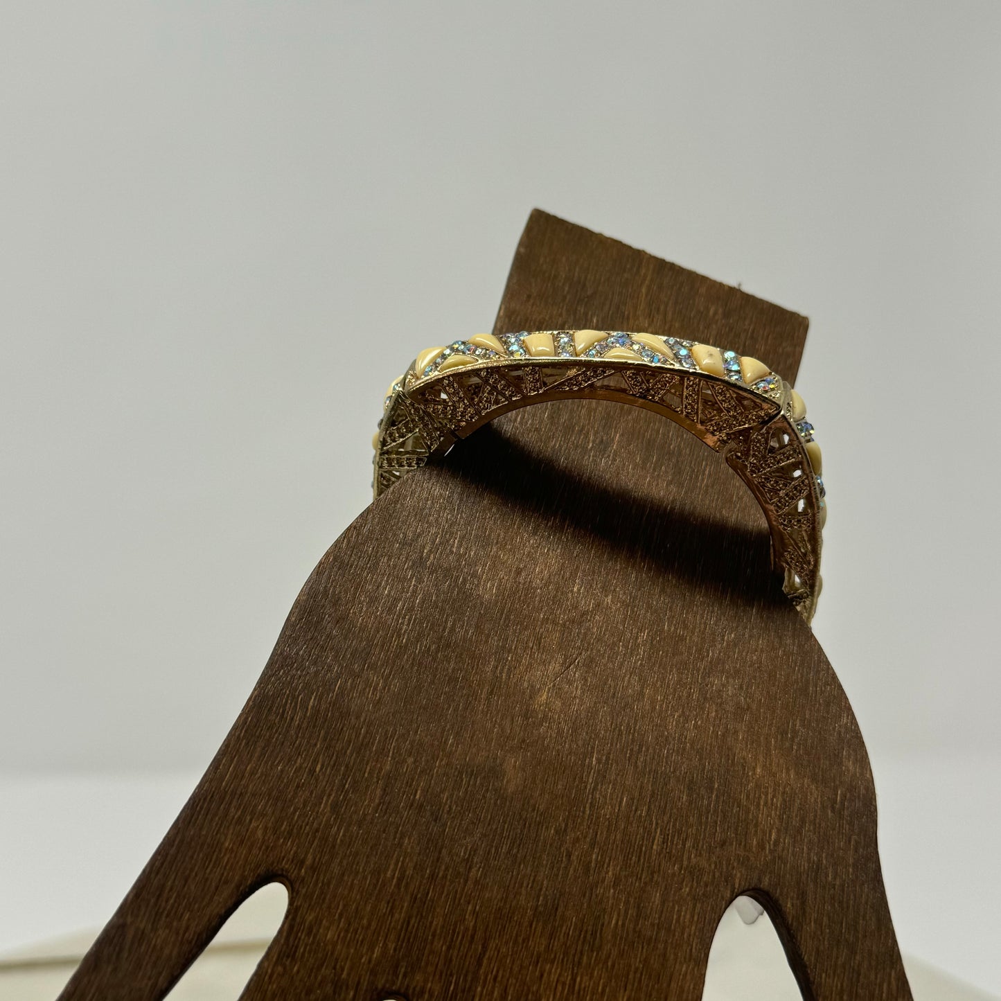 Gold Tone Bangle Bracelet – Enamel Inlay, Rhinestone Accents, Boho Chic, Geometric Design