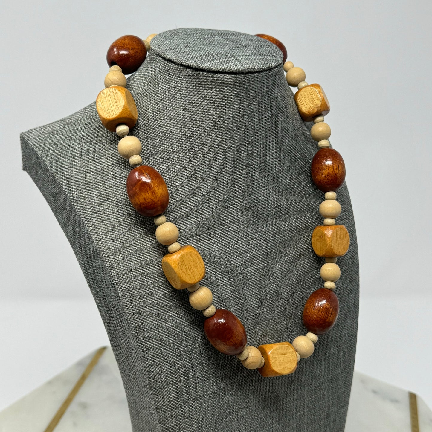 Necklace Boho Beaded Statement Wood Beige 18 inch Fashion Jewelry