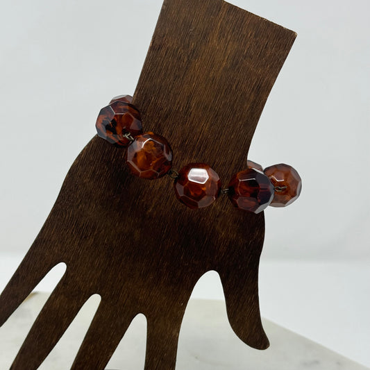 Bracelet Faceted Amber Tone Bead Stretch Bangle Chunky Brown 6 in Costume Jewelry