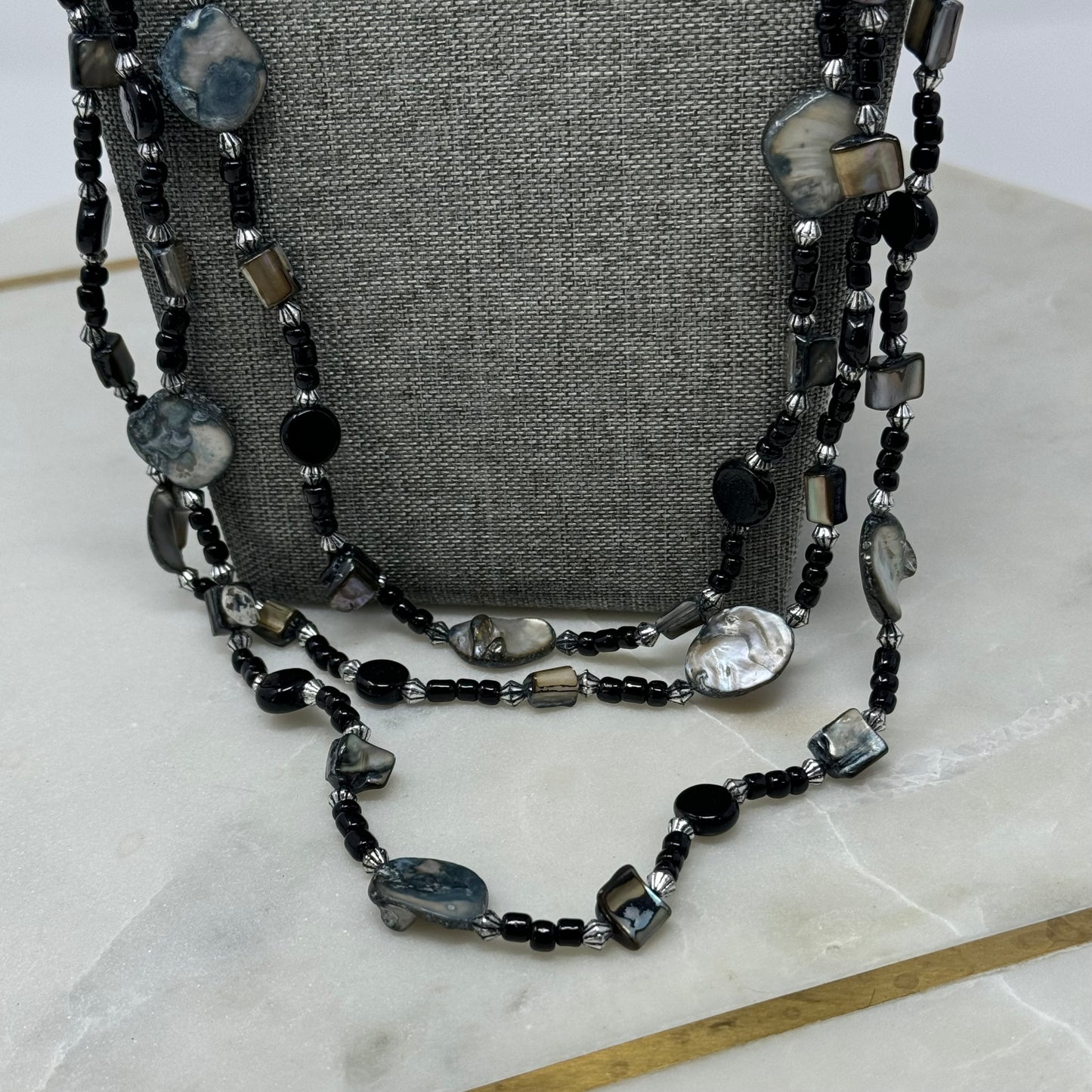 Necklace Boho Beachy Beaded Strands Shell Wood Glass Black Grey 26 in