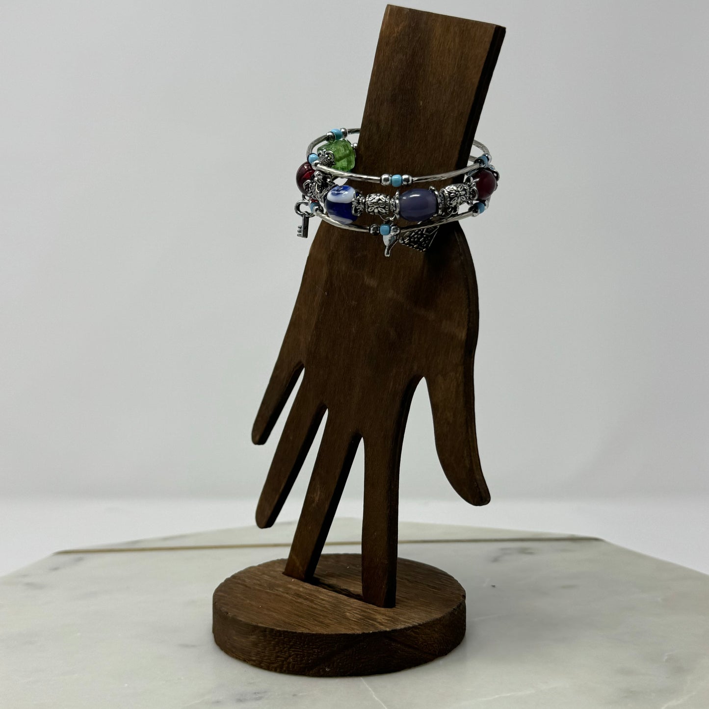 Silver Multicolor Glass Bead Wrap Charm Bracelet