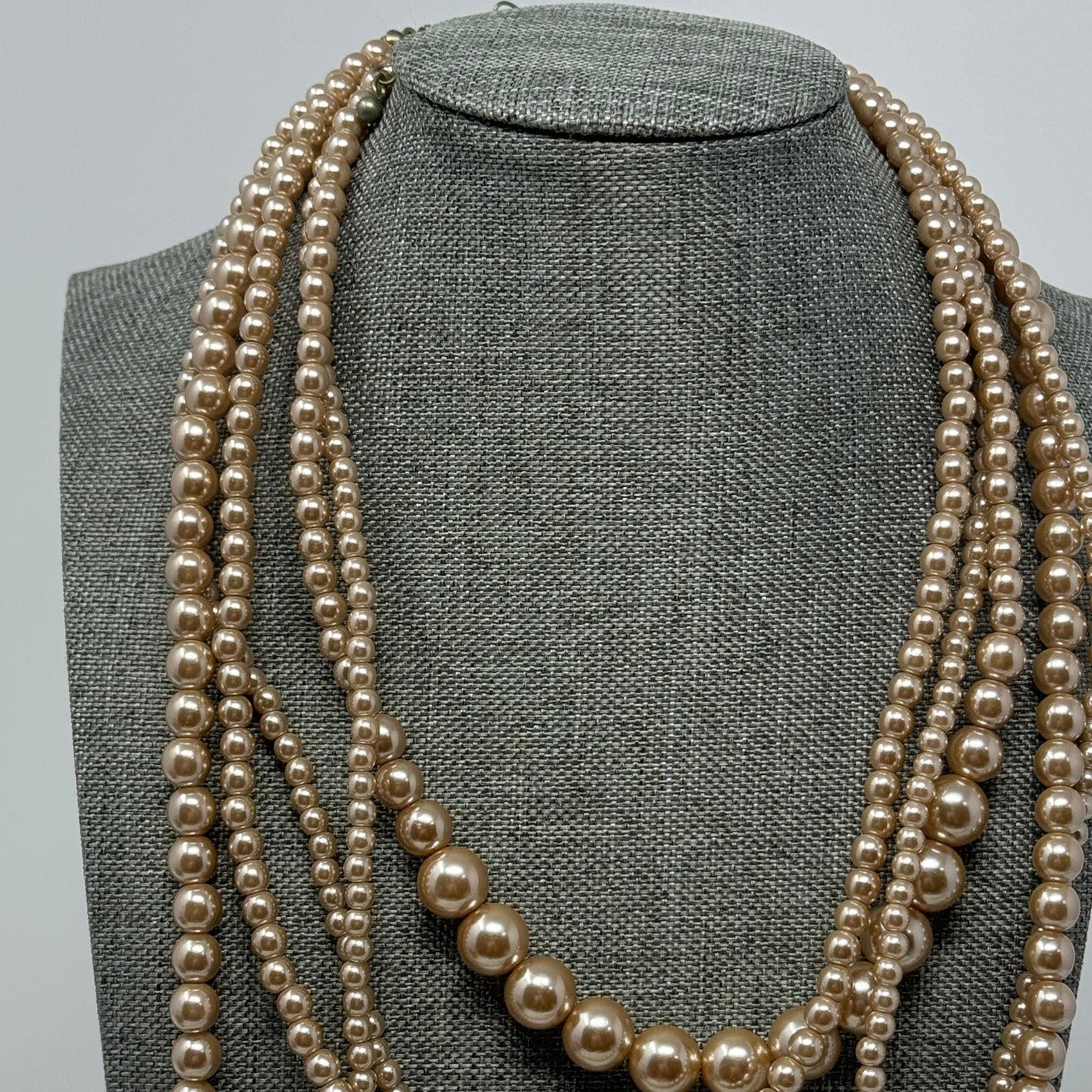 Necklace Statement Beaded Strands Faux Pearl Beige 18 in Costume Jewelry