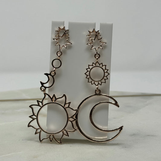 Boho Rose Gold Sun & Moon Tribal Dangle Earrings