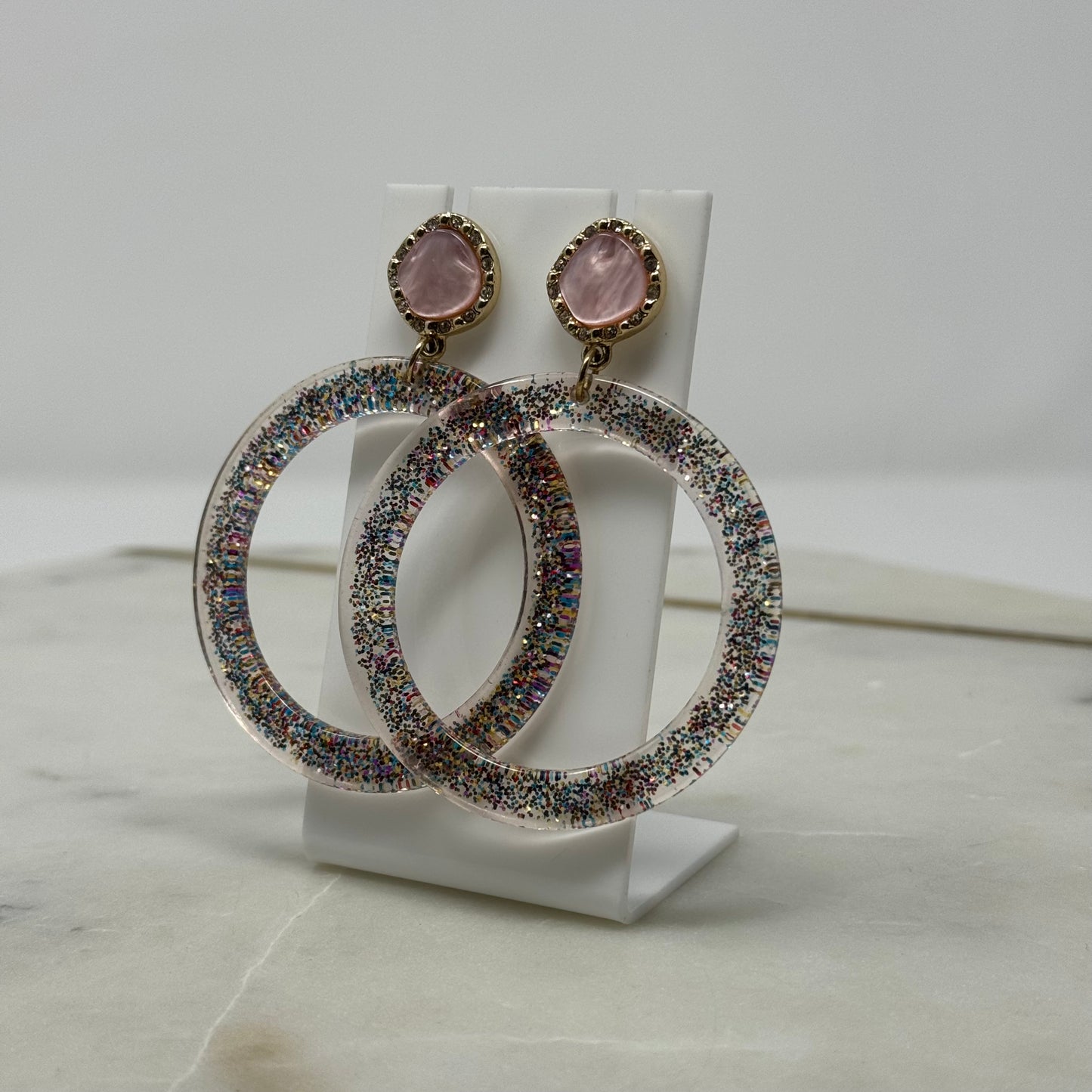 Pink & Gold Glitter Dangle Hoop Earrings