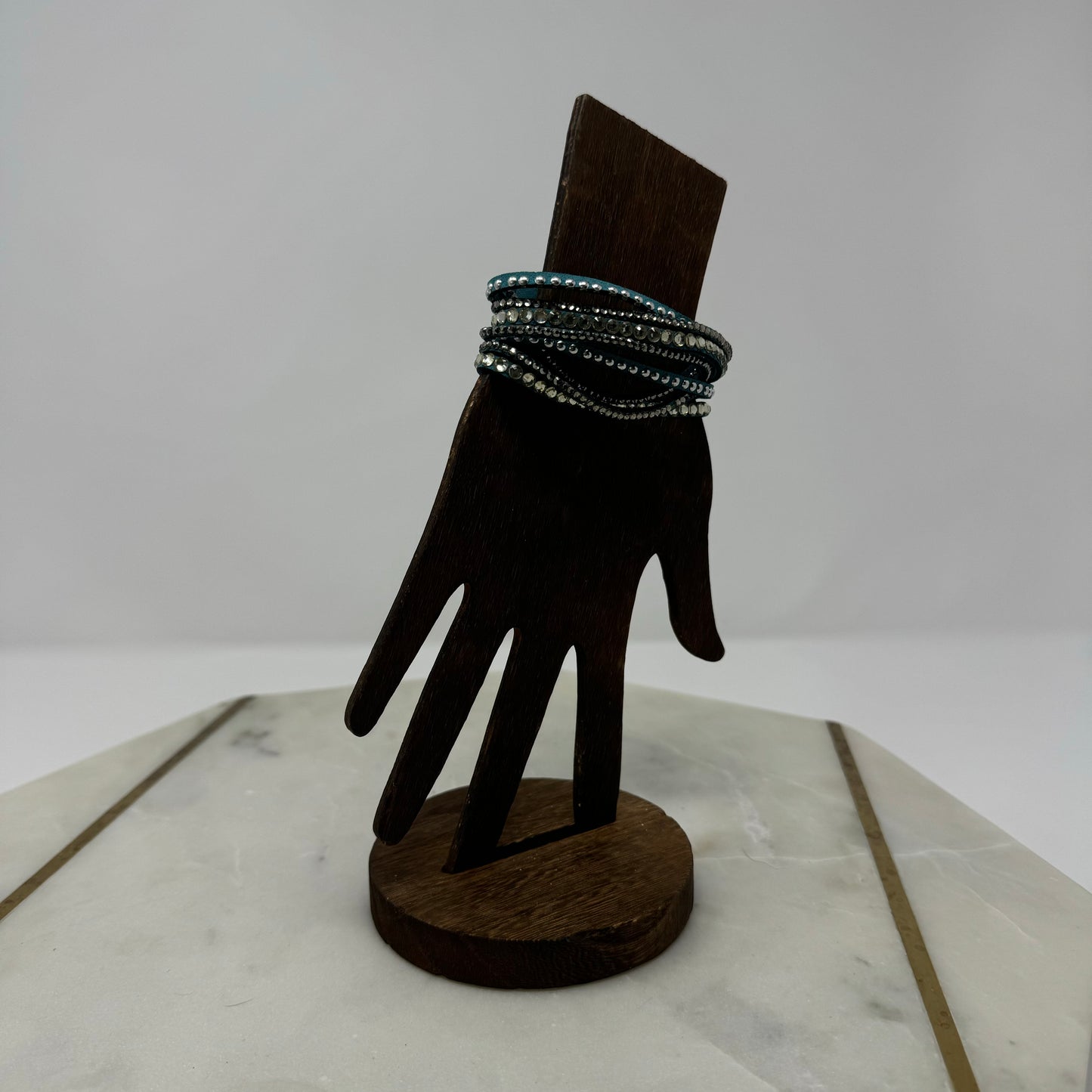 Bracelet Boho Southwest Layer Blue Faux Leather Rhinestone Cuff 9.25 in