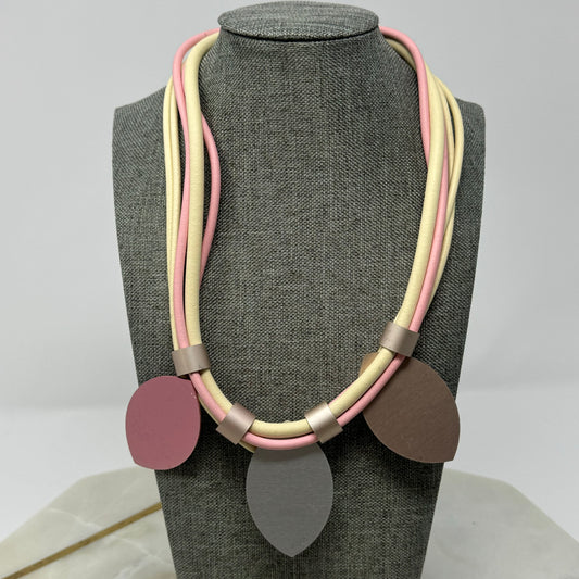 Womens Necklace Statement Metal Leaf Pendants Pink Cord 18 in Magnet Clasp