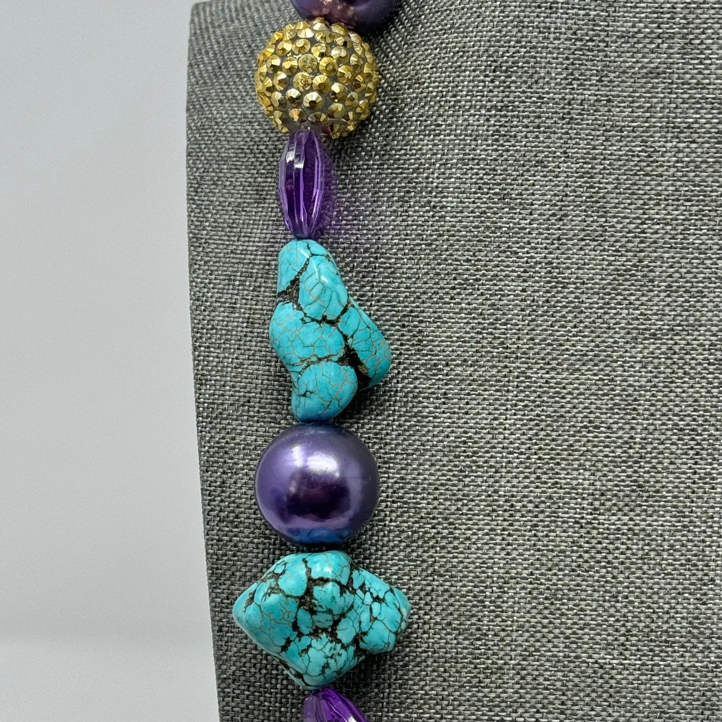 Necklace Boho Southwest Statement Chunky Beaded Pearl Purple Turquoise 20 in