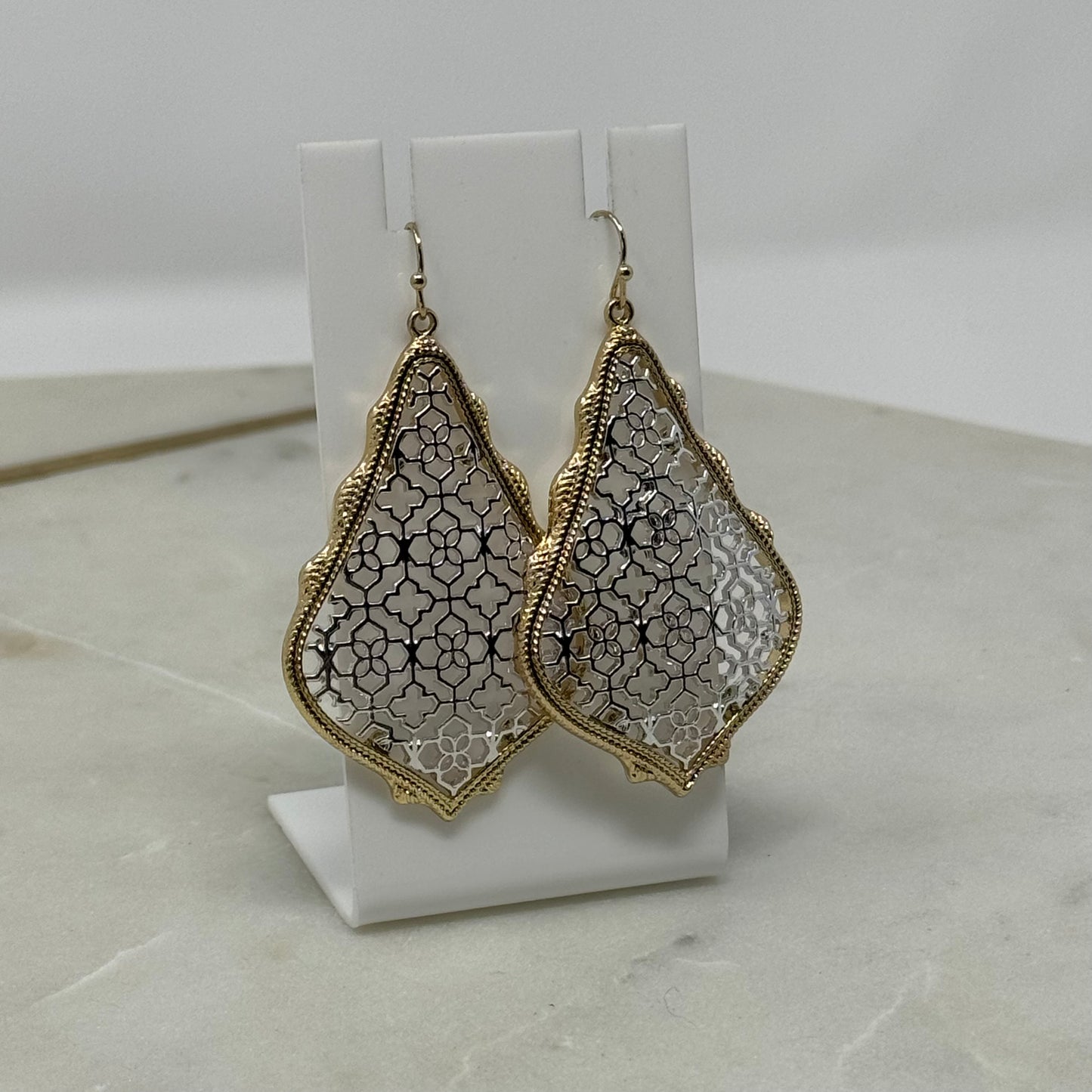 Earrings Boho Southwest Metallic Intricate Hook Dangles Gold & Silver Tone 2.5 in