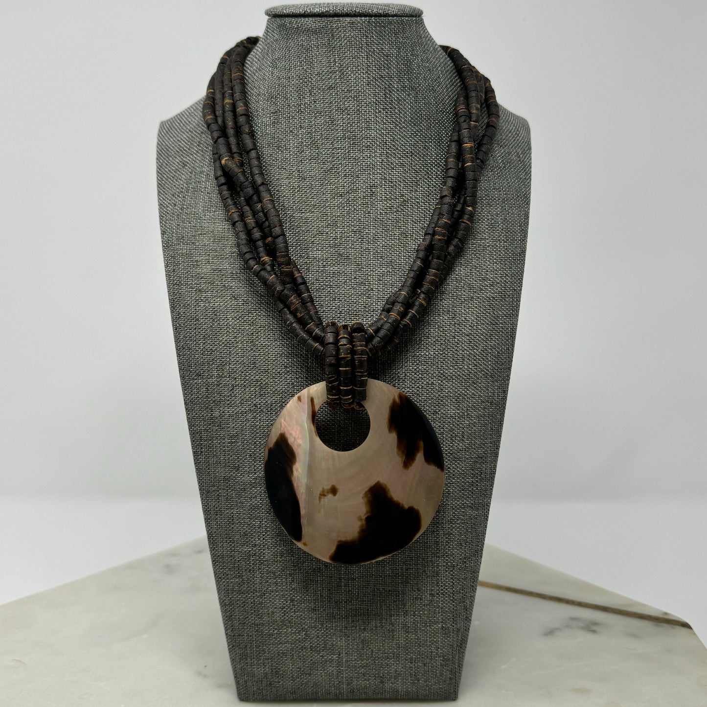 Boho Brown Beaded Necklace Large Shell Pendant Multi-Strand Brown Handmade Statement Jewelry