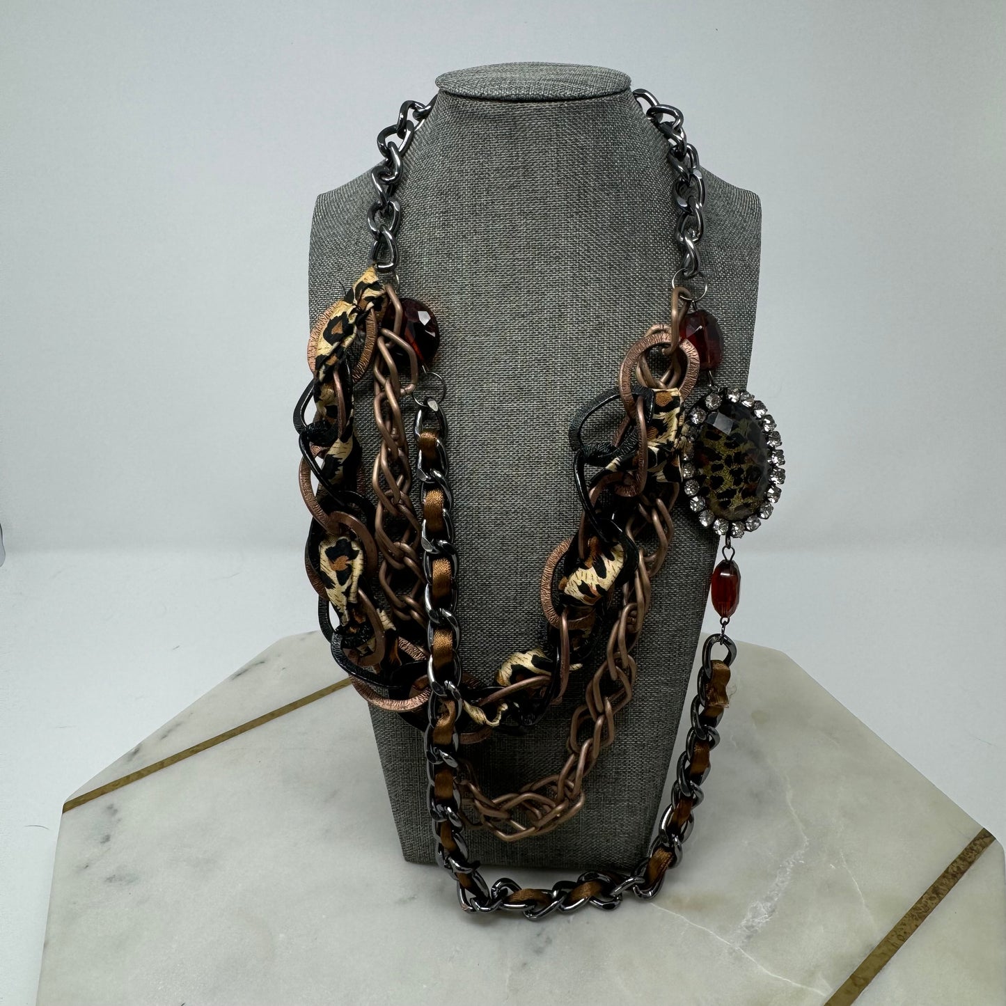 Necklace Statement Layered Chains Chunky Rhinestone Leopard Print Pendant Ribbon 18 in