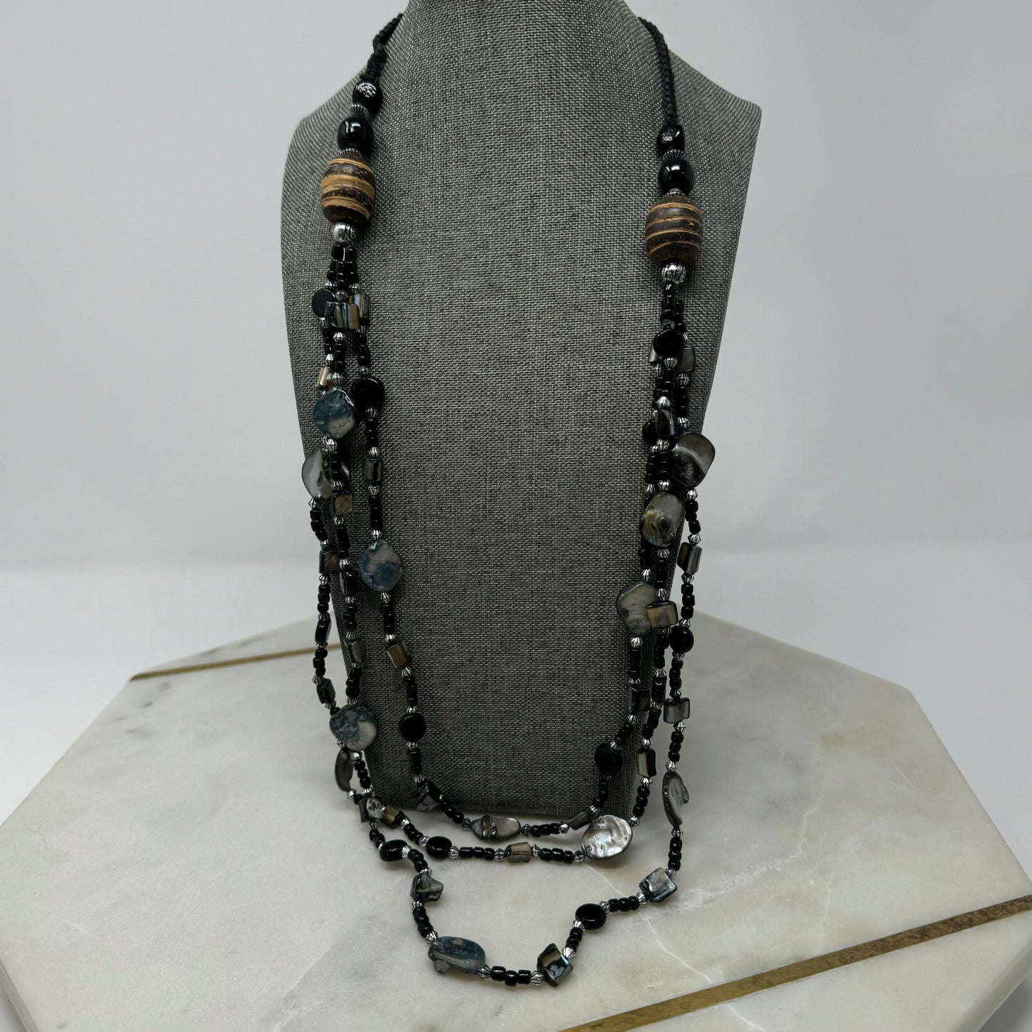 Necklace Boho Beachy Beaded Strands Shell Wood Glass Black Grey 26 in
