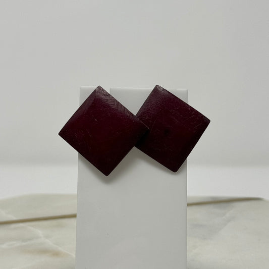 Vintage Dark Maroon Square Wood Earrings