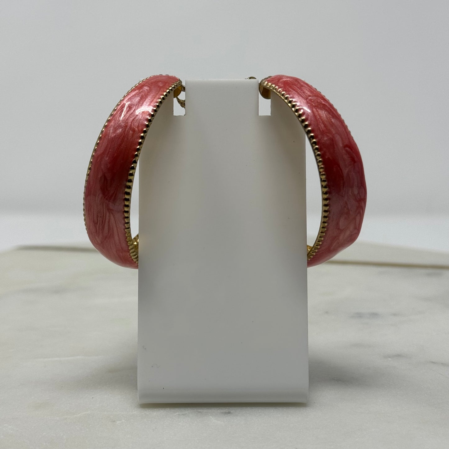 Large Coral Enamel & Gold Hoop Earrings