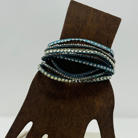 Bracelet Boho Southwest Layer Blue Faux Leather Rhinestone Cuff 9.25 in