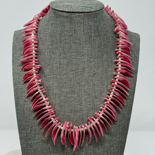 Unique Pink Shell Spike Necklace with Pearl Accents - Handmade Boho Statement Jewelry