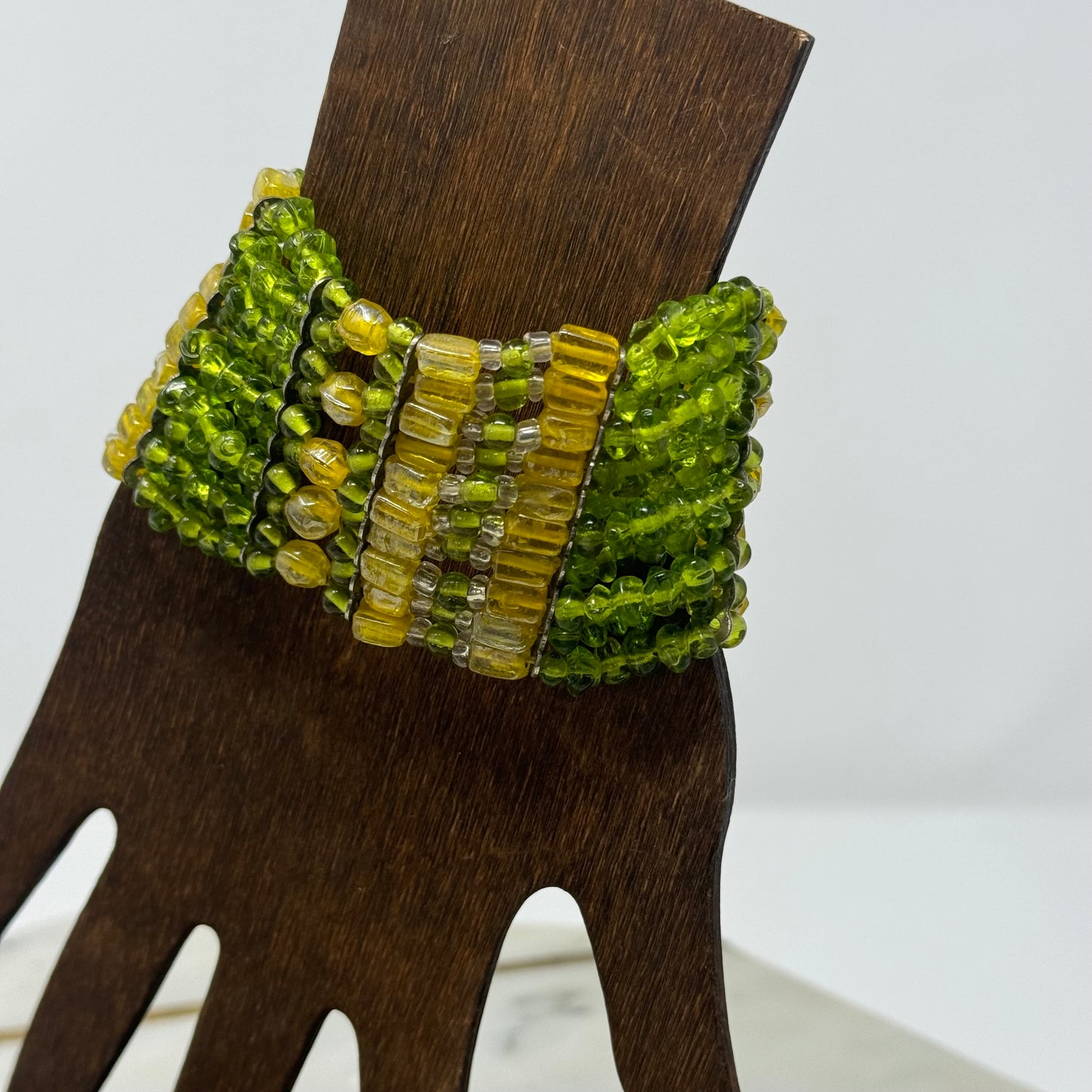 Bracelet Multi-Layer Yellow & Green Seed Bead Cuff 6.25 in Fashion Jewelry