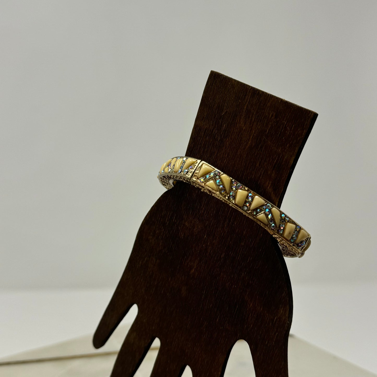 Gold Tone Bangle Bracelet – Enamel Inlay, Rhinestone Accents, Boho Chic, Geometric Design