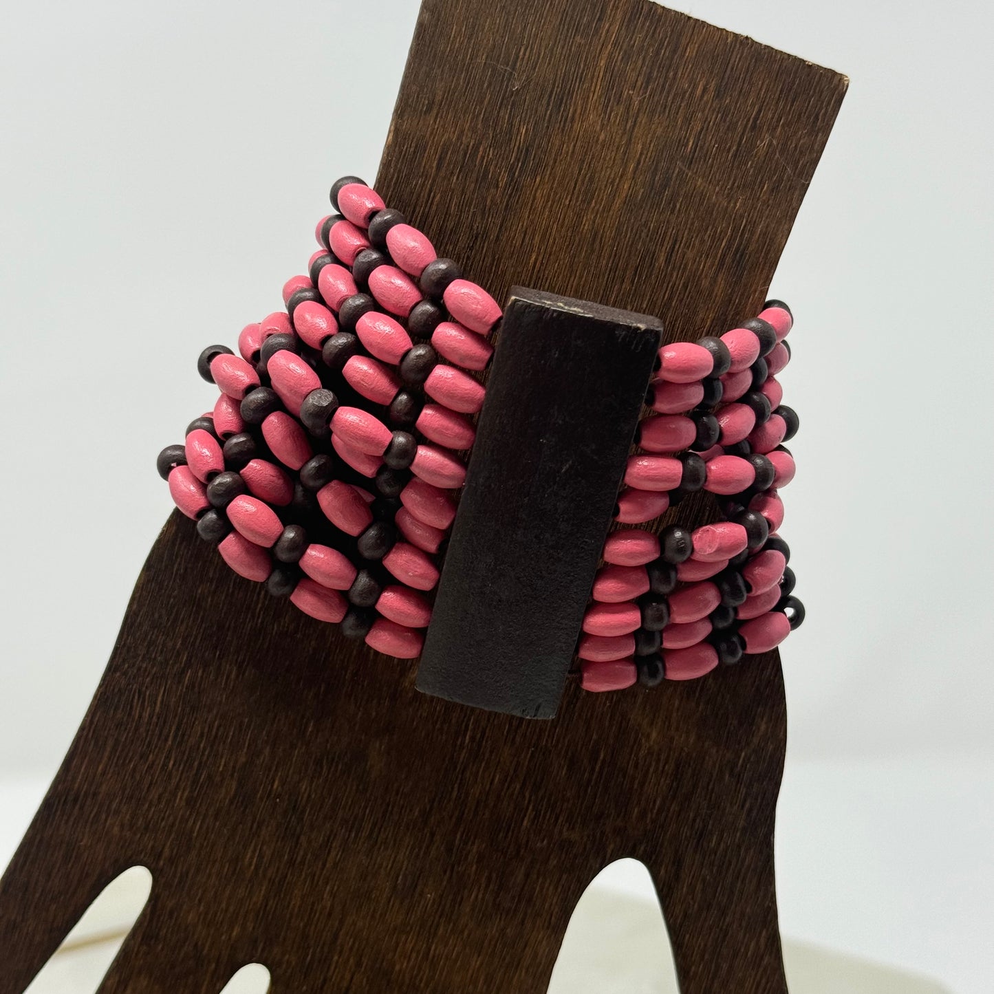 Bracelet Boho Multi-Layer Pink Tall Cuff Bangle Wood Beads 7.75 in Costume Jewelry
