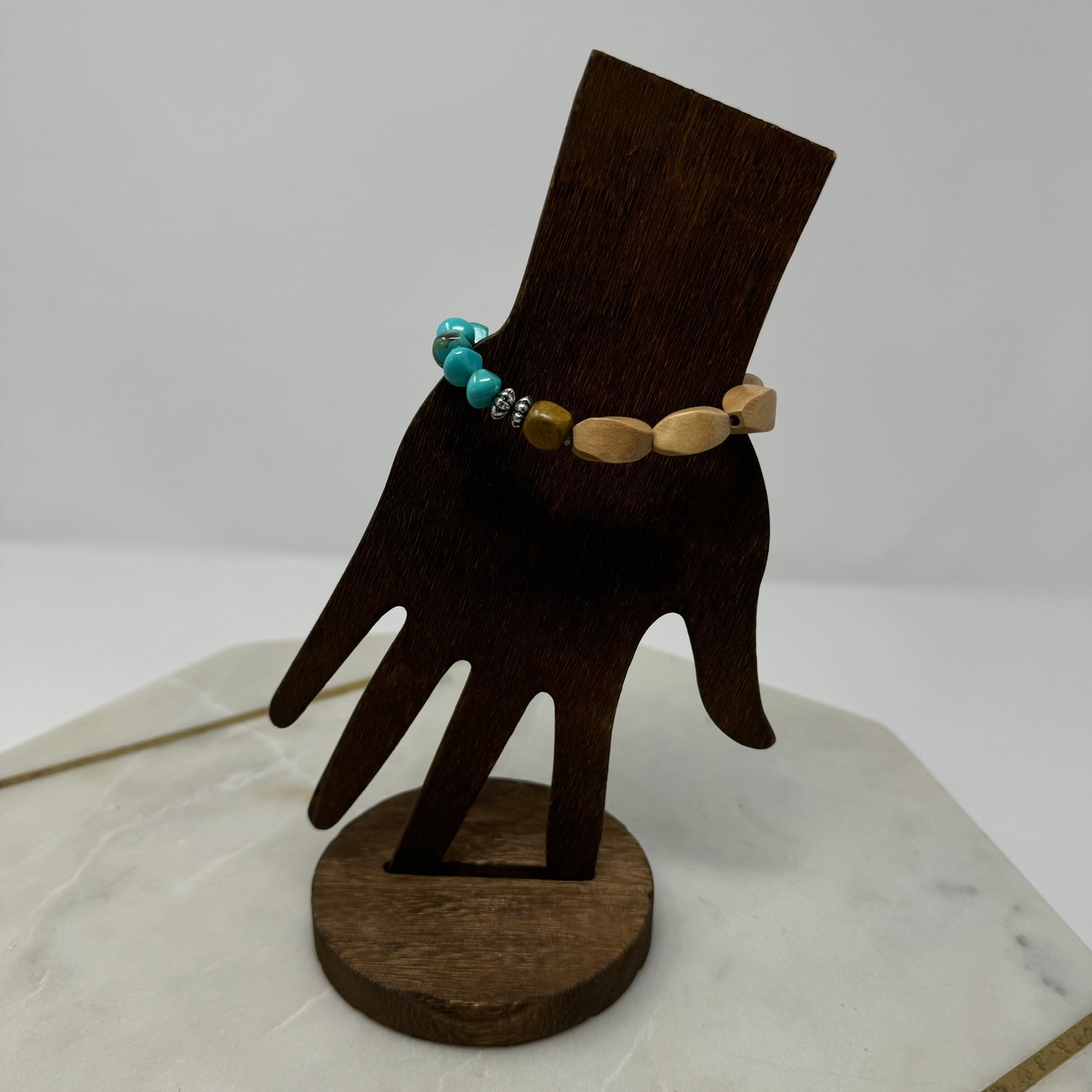 Bracelet Boho Southwest Wood Beaded Stretch Bangle Teal Blue Beige Silver 7 in