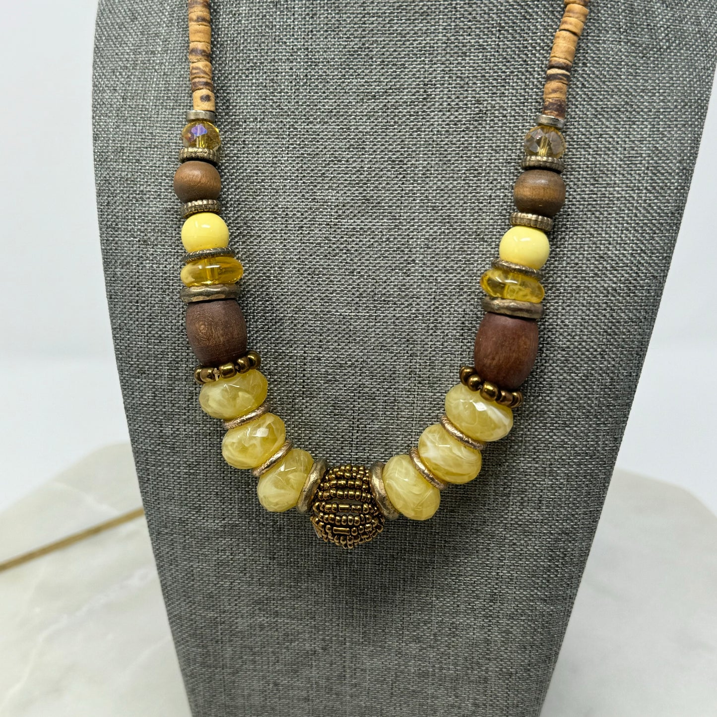 Necklace Boho Beaded Statement Brown Beige 16” Costume Jewelry