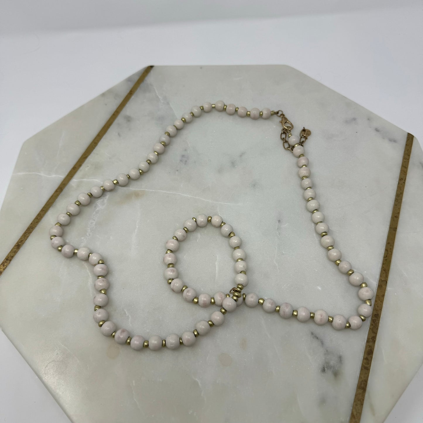 Necklace Boho Southwest Wood Beads White & Gold Tone Spacer 36 in