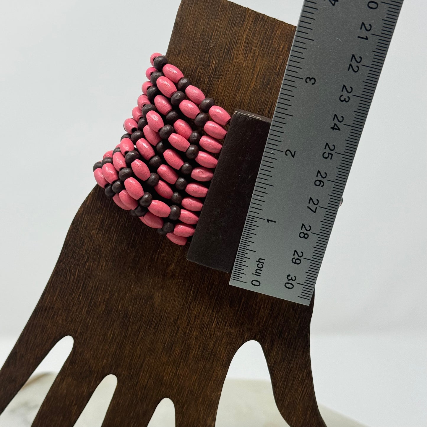 Bracelet Boho Multi-Layer Pink Tall Cuff Bangle Wood Beads 7.75 in Costume Jewelry