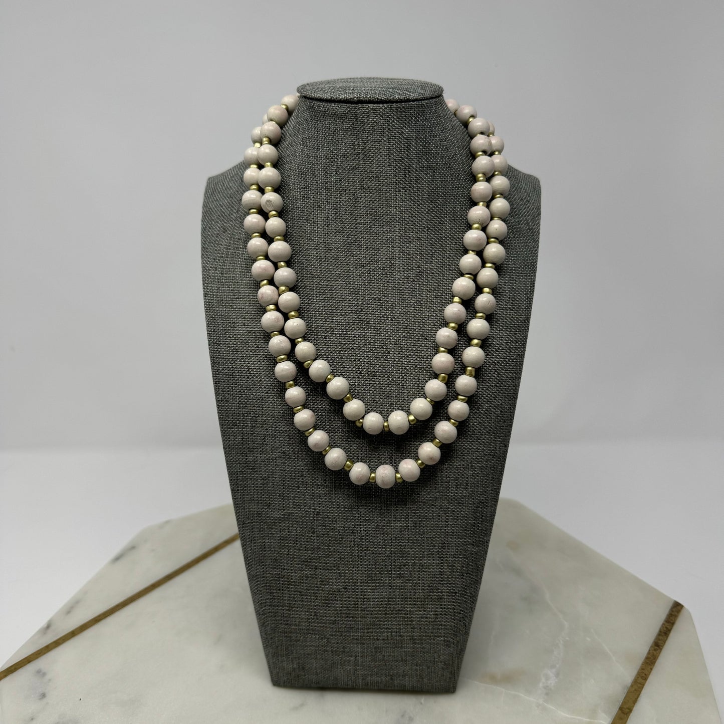 Necklace Boho Southwest Wood Beads White & Gold Tone Spacer 36 in