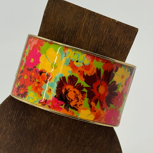 Bold Floral Cuff Bracelet Retro Vibrant Colors Boho Chic Statement Jewelry