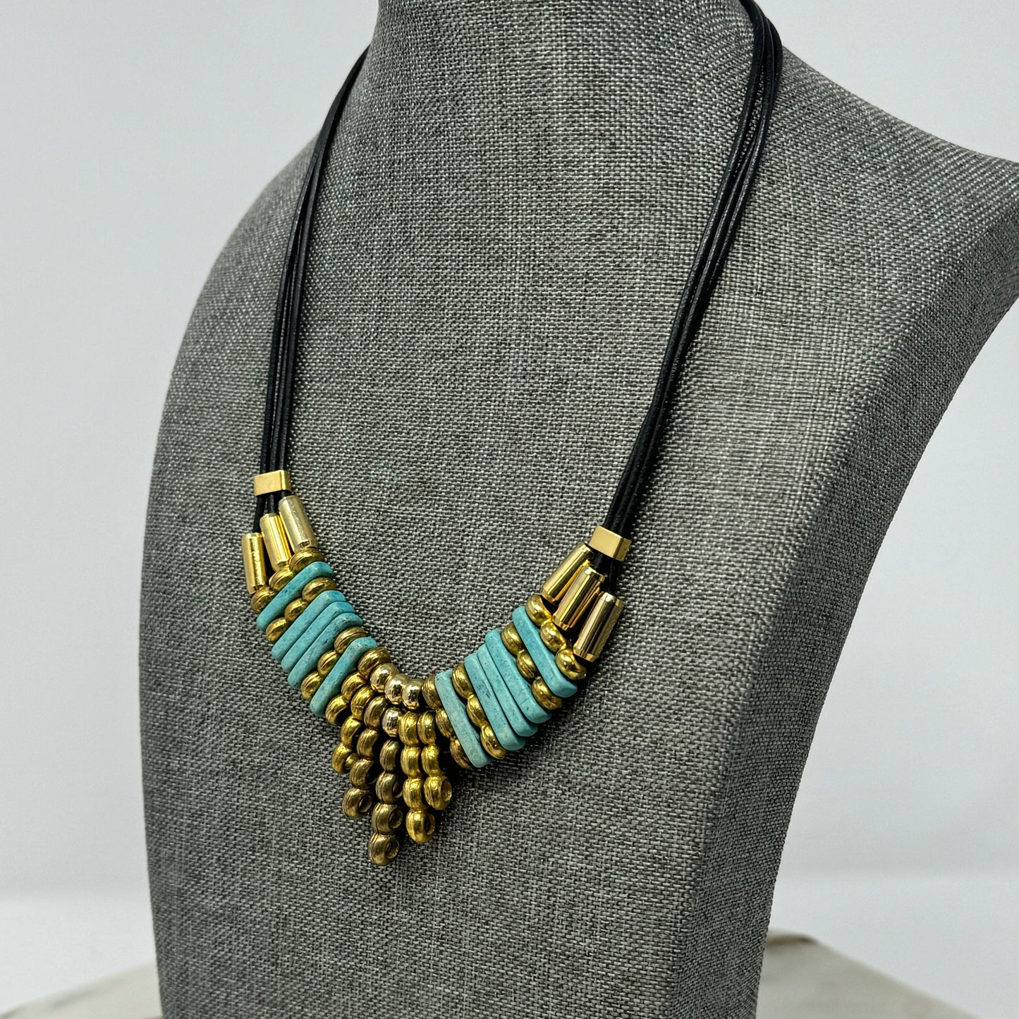 Necklace Boho Southwest Beaded Gold Tone Turquoise 14 in Cord