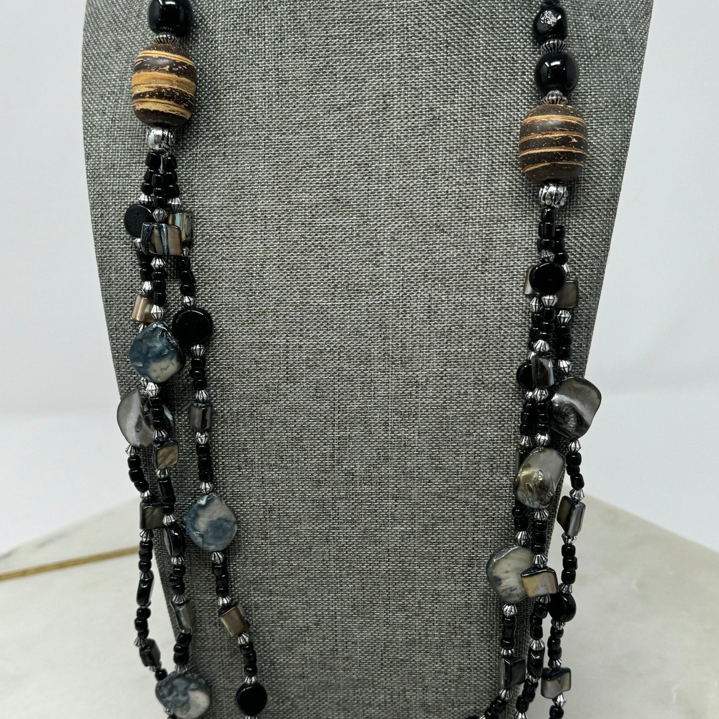 Necklace Boho Beachy Beaded Strands Shell Wood Glass Black Grey 26 in