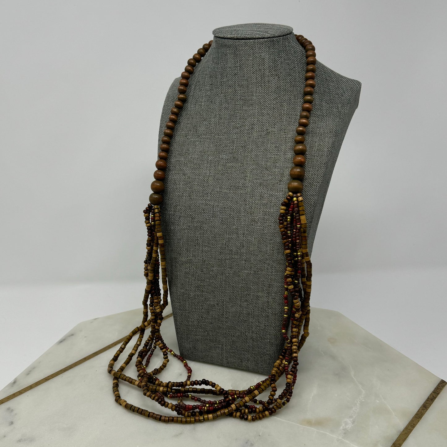 Wooden Bead Statement Necklace Earth Tones Artisan Handmade Multi-Strand Boho Jewelry