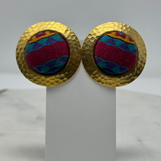 1990’s Boho Large Round Gold Hammered Post Earrings