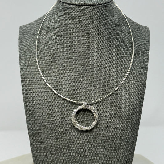 Necklace Statement Collar Silver Tone Round Ring Pendant Cable Chain 18”