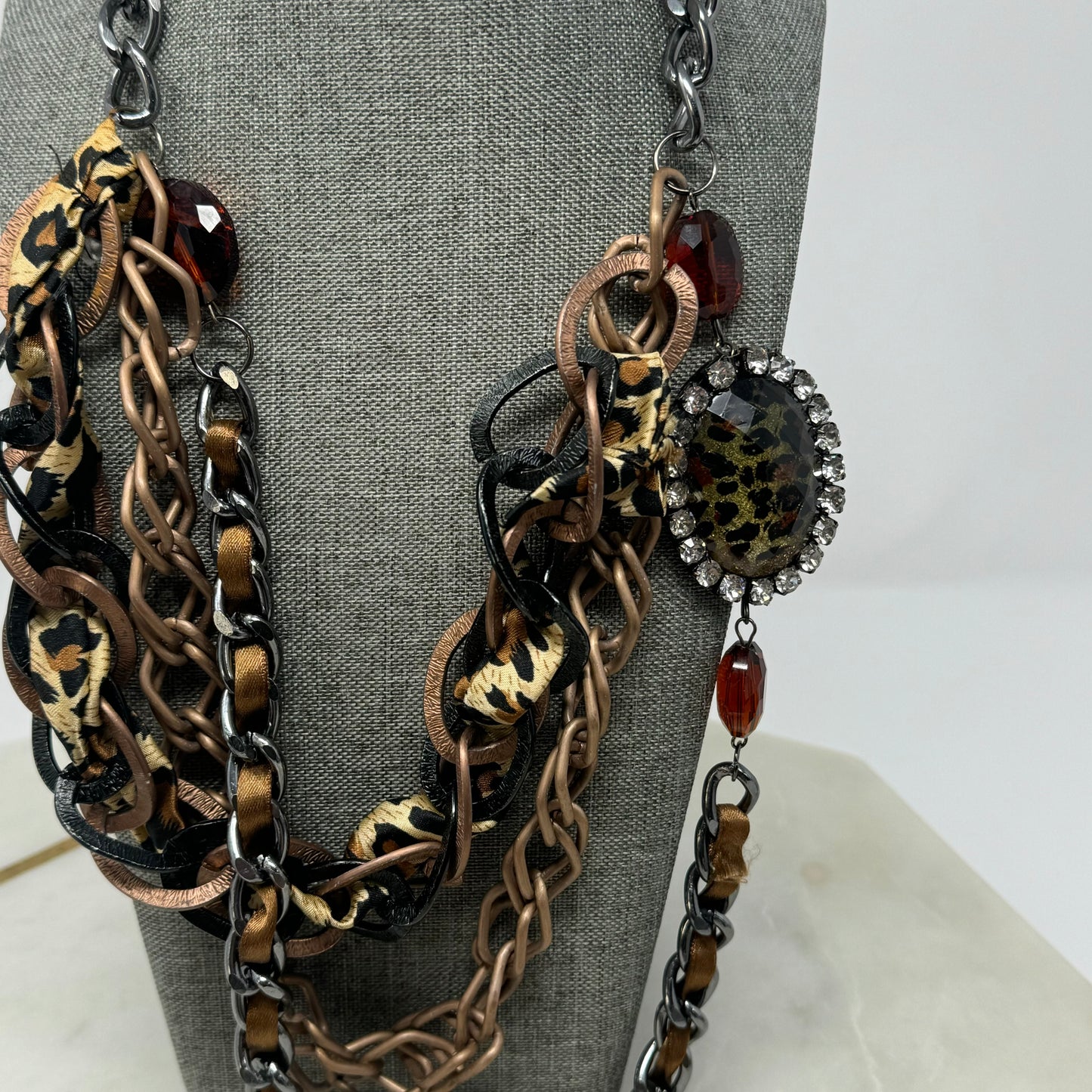 Necklace Statement Layered Chains Chunky Rhinestone Leopard Print Pendant Ribbon 18 in